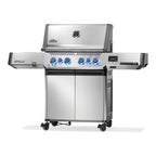 Napoleon Prestige 500 Connected Gas BBQ, angled view showing the side shelves and cabinet