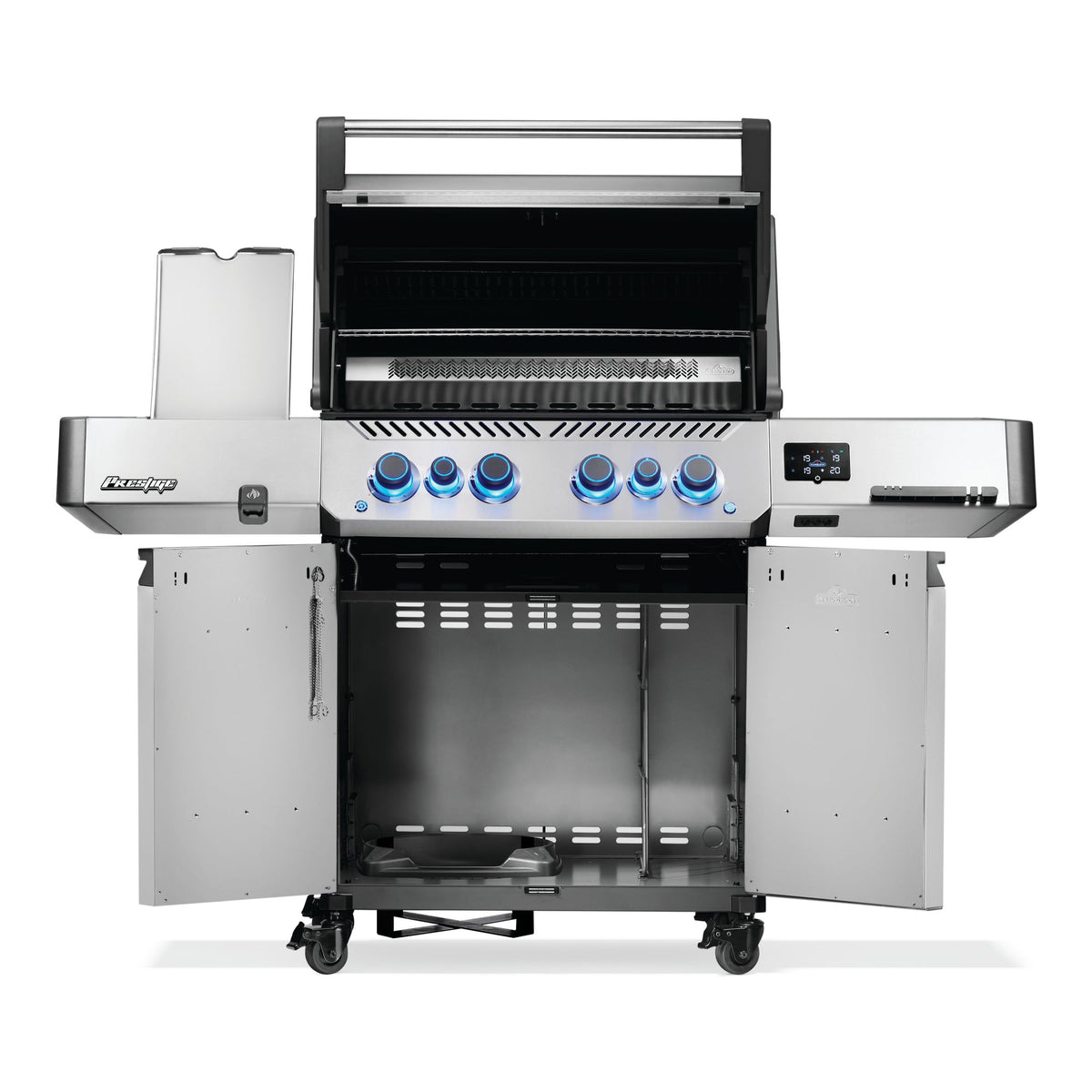 Napoleon Prestige 500 Connected Gas BBQ with the lid and cabinet doors open