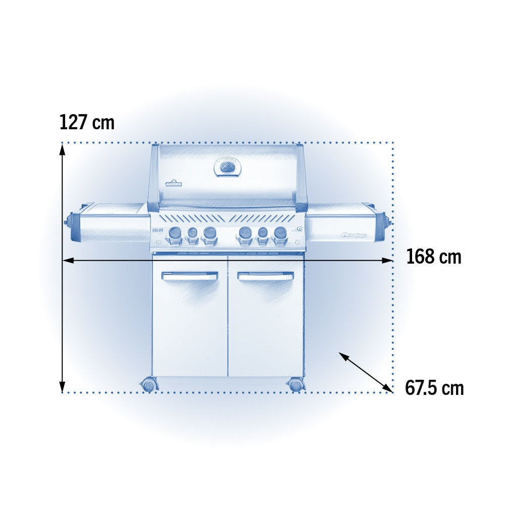 Napoleon Prestige 500 Gas BBQ dimensions: 127cm high, 168cm wide, 67.5cm deep