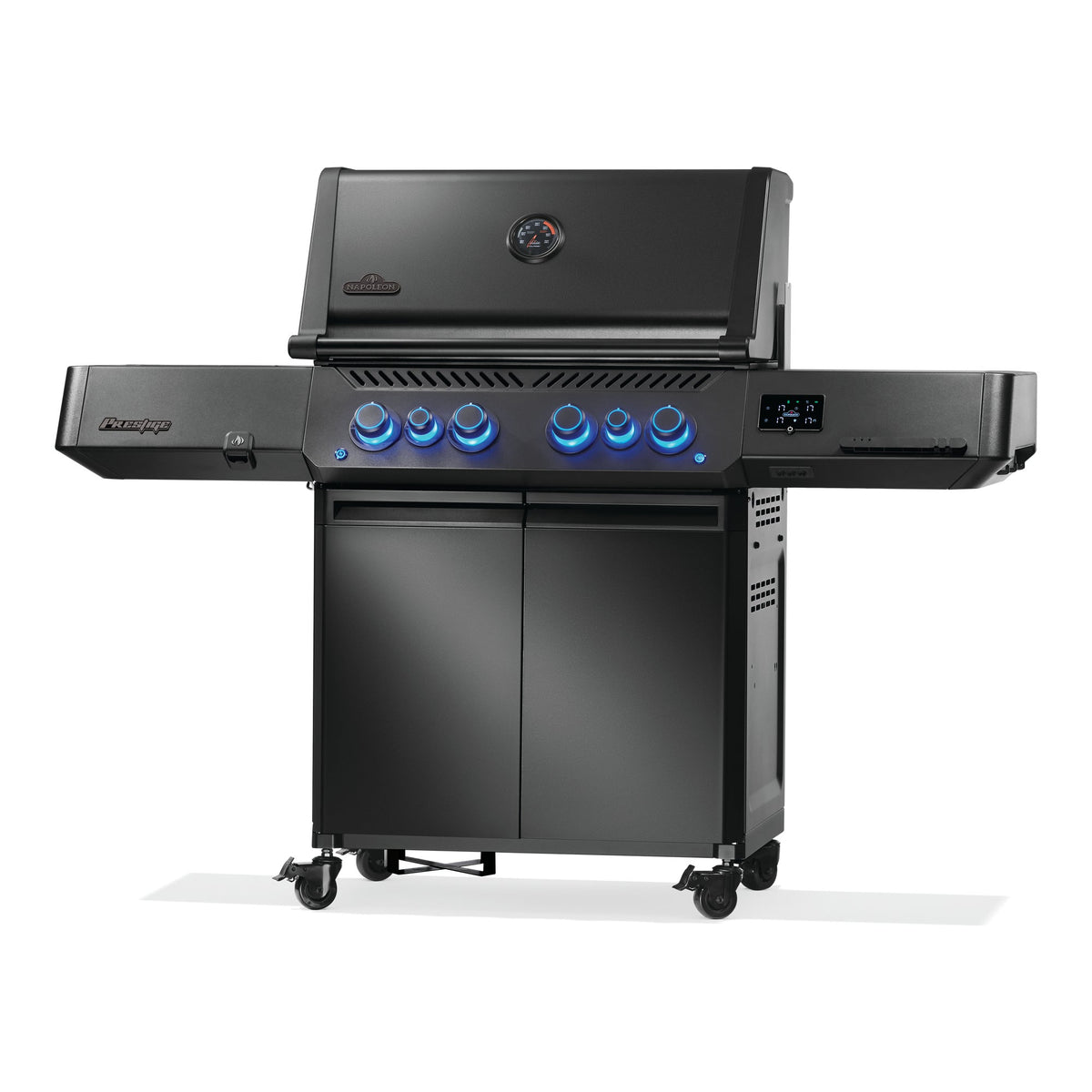 Napoleon Prestige 500 Phantom Connected Gas BBQ in matt black, angled view
