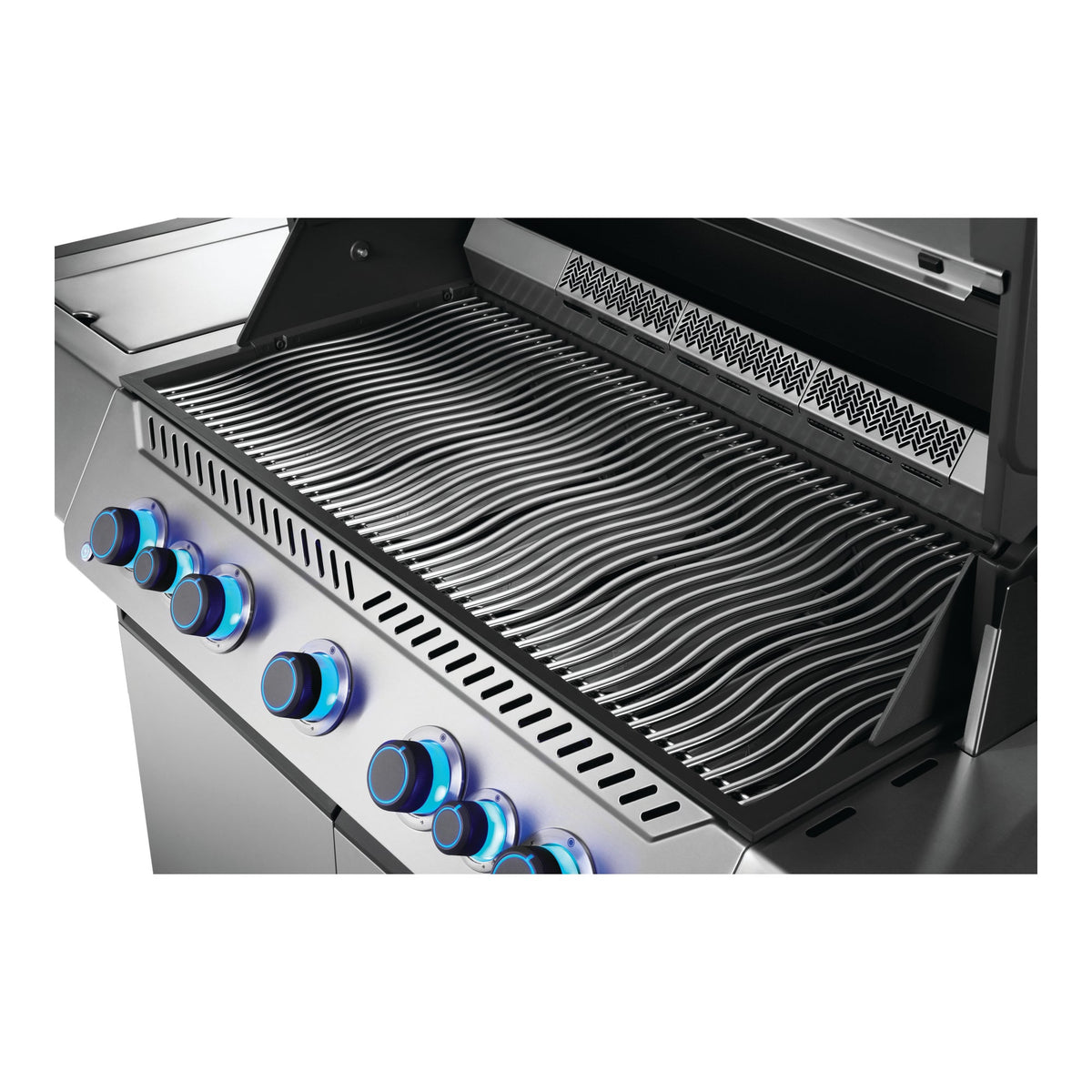 Close-up of the wave-shaped cooking grids and control knobs on the Napoleon Prestige 665 Connected