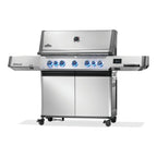Napoleon Prestige 665 Connected Gas BBQ, angled view showing the side shelves and cabinet