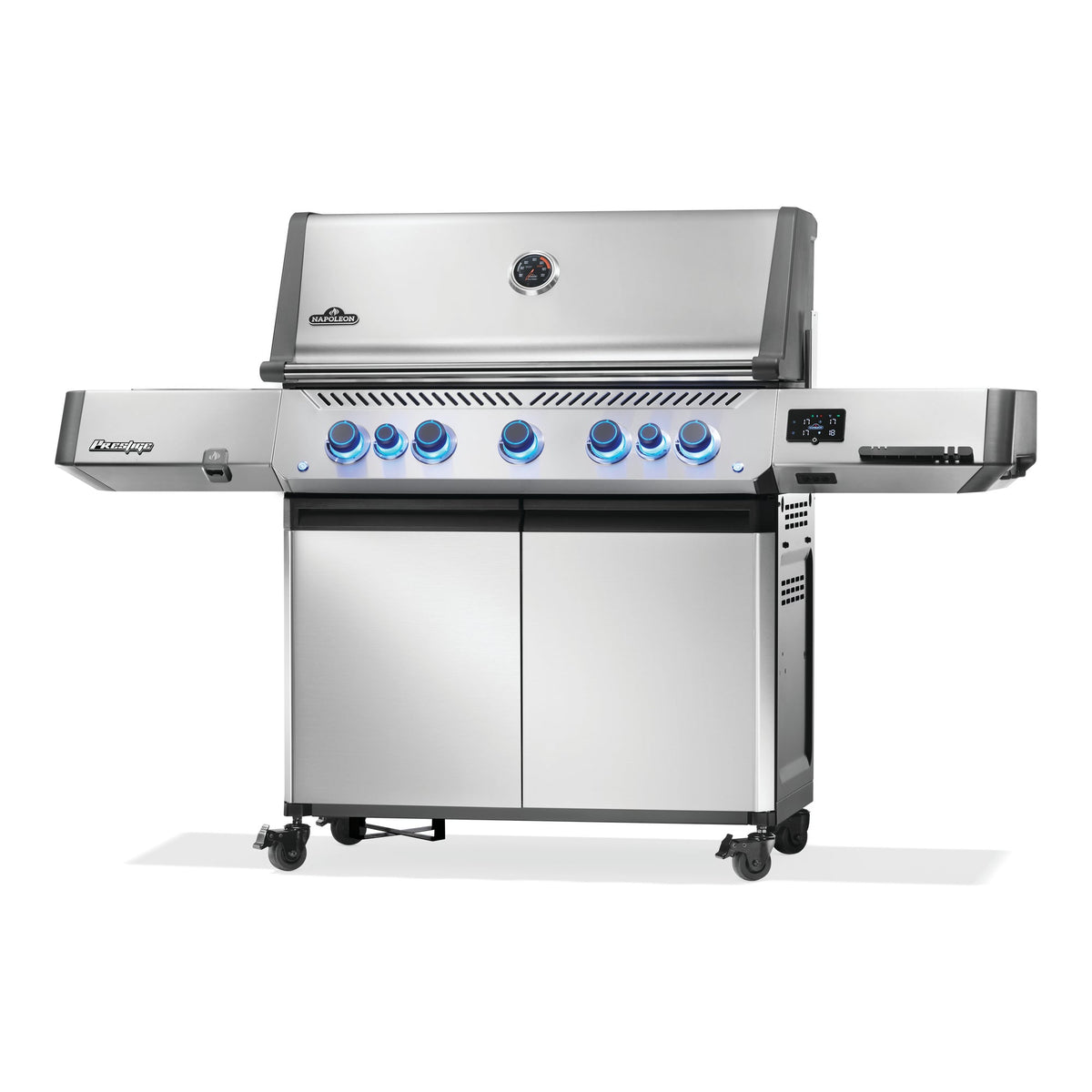 Napoleon Prestige 665 Connected Gas BBQ, angled view showing the side shelves and cabinet