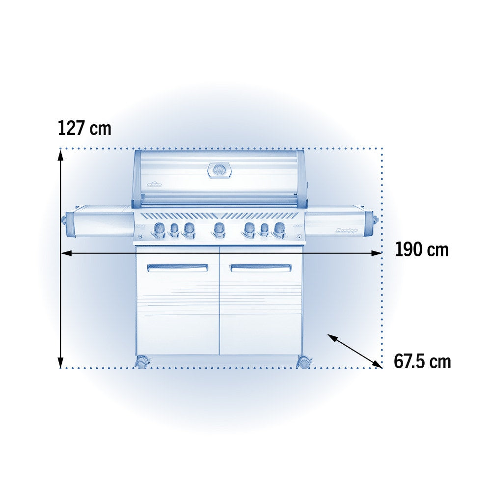 Napoleon Prestige 665 Gas BBQ dimensions: 127cm high, 190cm wide, 67.5cm deep