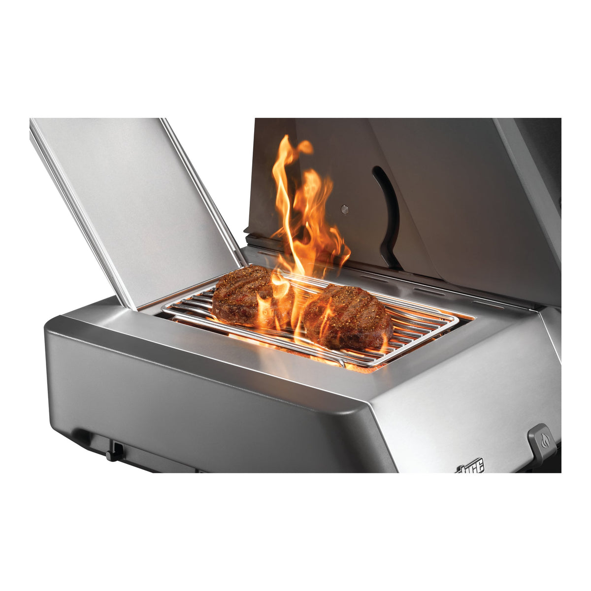 Infrared side burner searing a steak on the Napoleon Prestige gas BBQ