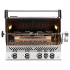 Napoleon Prestige PRO 500 Built-In with the lid open and rotisserie fitted
