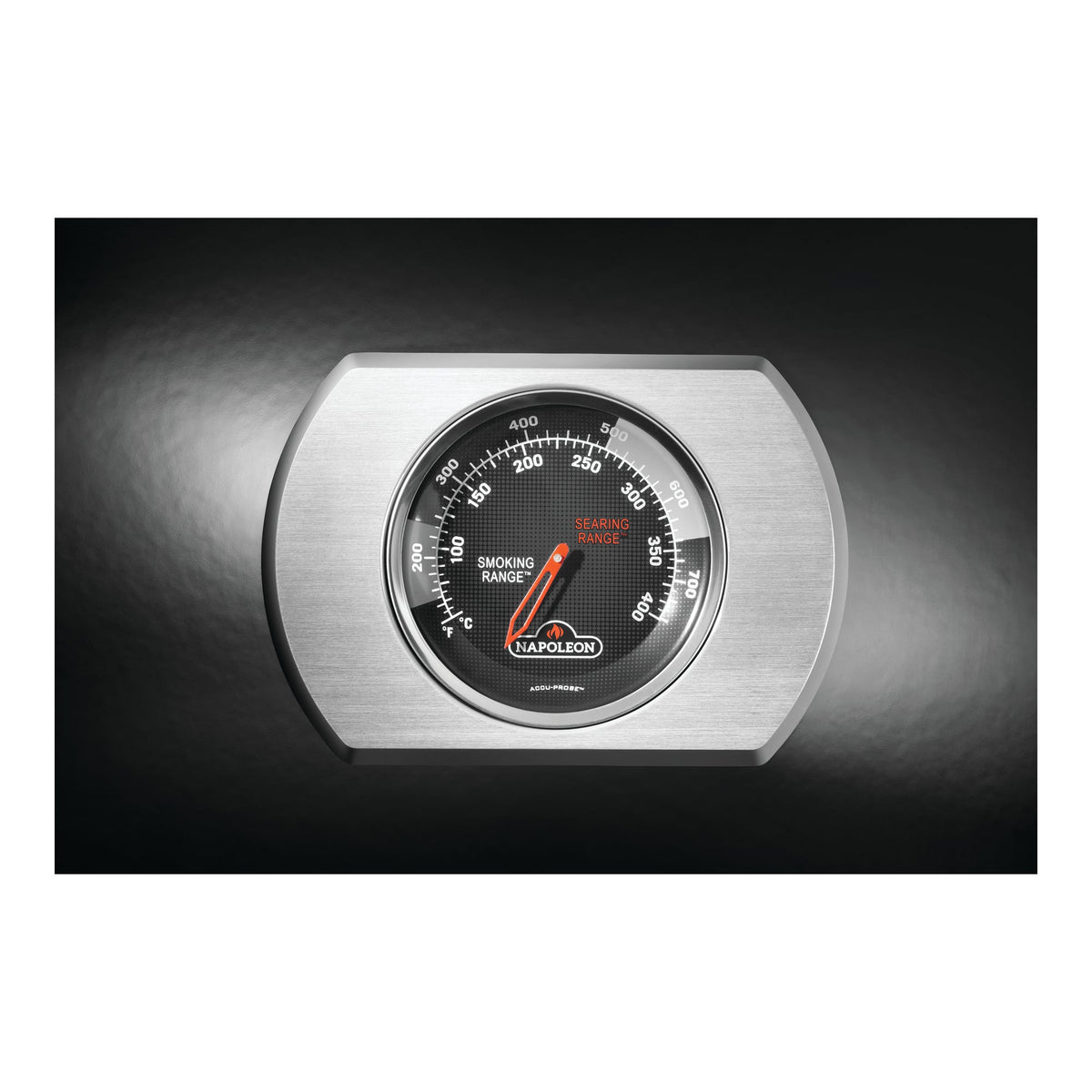 Temperature gauge on the gloss black lid of the Napoleon Rogue gas BBQ