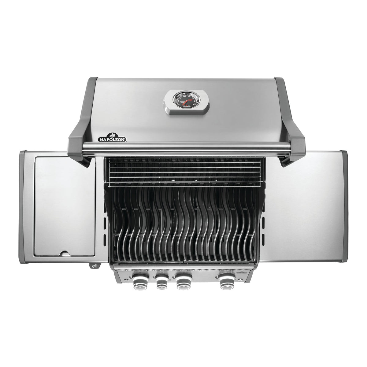 Napoleon Rogue PRO 425 SIB Gas BBQ from above with the lid open, showing the cooking grids