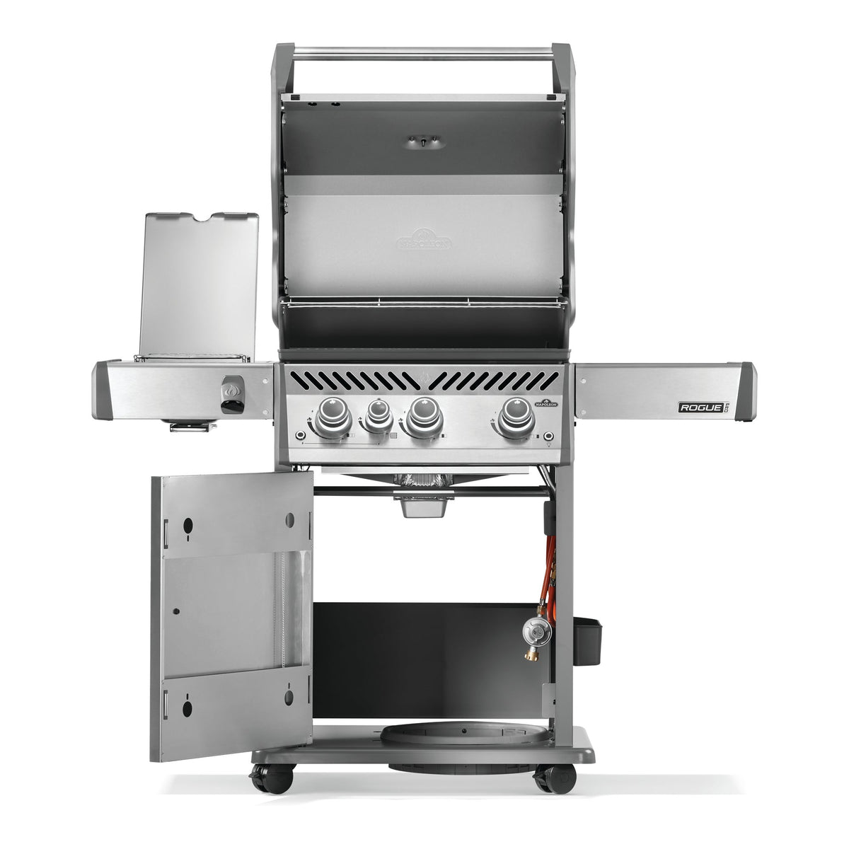 Napoleon Rogue PRO 425 SIB Gas BBQ with the lid, side burner and cabinet door open