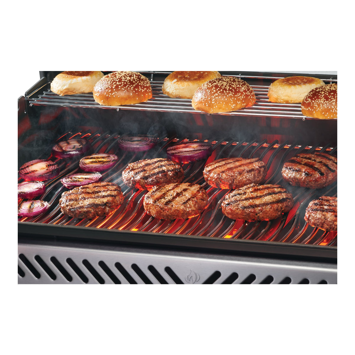 Burgers, onions and buns cooking on a Napoleon Rogue PRO gas BBQ
