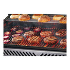 Burgers, onions and buns cooking on a Napoleon Rogue PRO gas BBQ