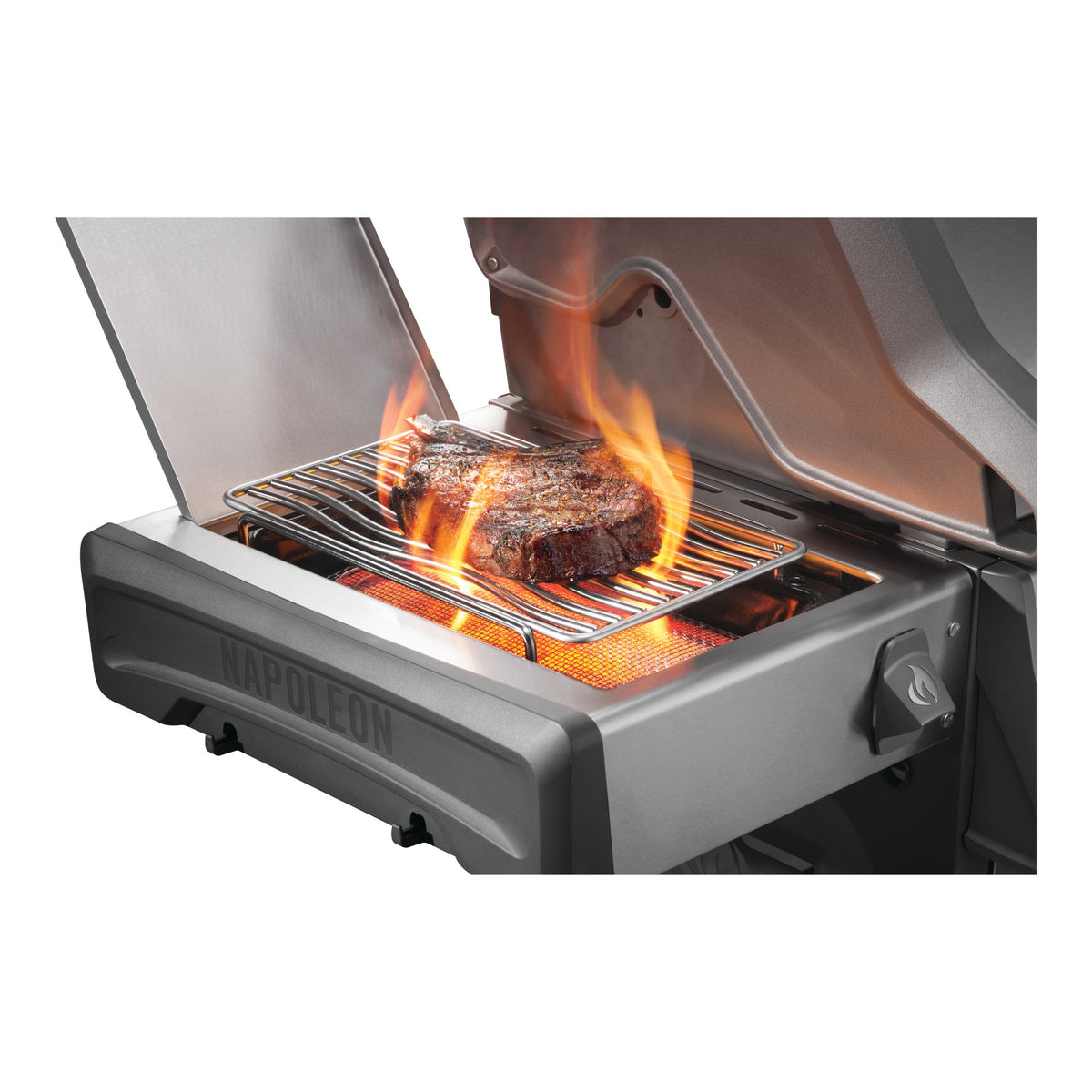 Steak searing on the infrared side burner of a Napoleon Rogue PRO gas BBQ