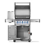 Napoleon Rogue PRO-S 425 Gas BBQ with the lid, side burner and cabinet door open