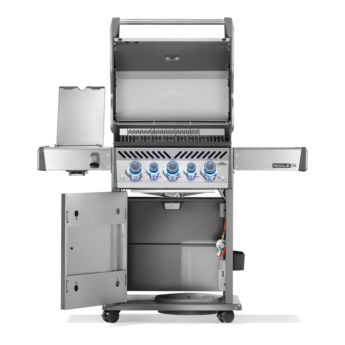 Napoleon Rogue PRO-S 425 Gas BBQ with the lid, side burner and cabinet door open