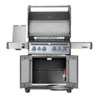 Napoleon Rogue PRO-S 525 Gas BBQ with the lid, side burner and cabinet doors open