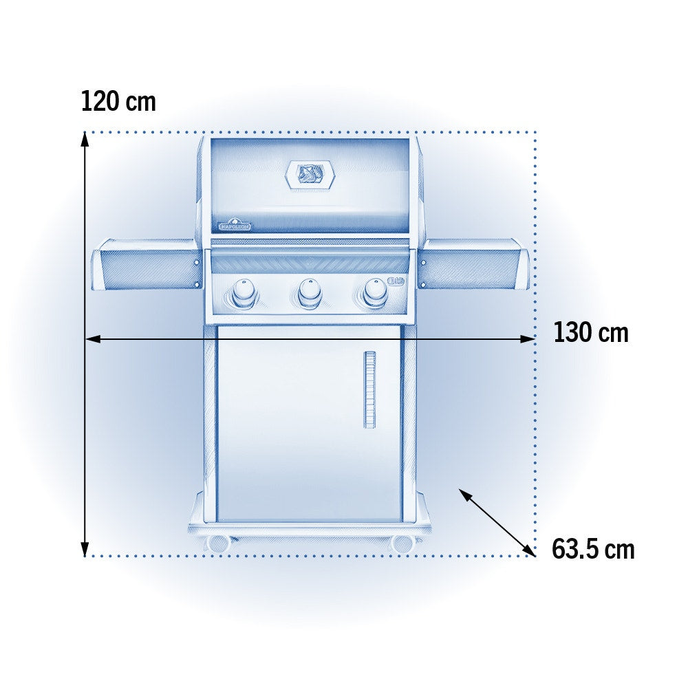 Napoleon Rogue R425 Gas BBQ dimensions: 120cm high, 130cm wide, 63.5cm deep