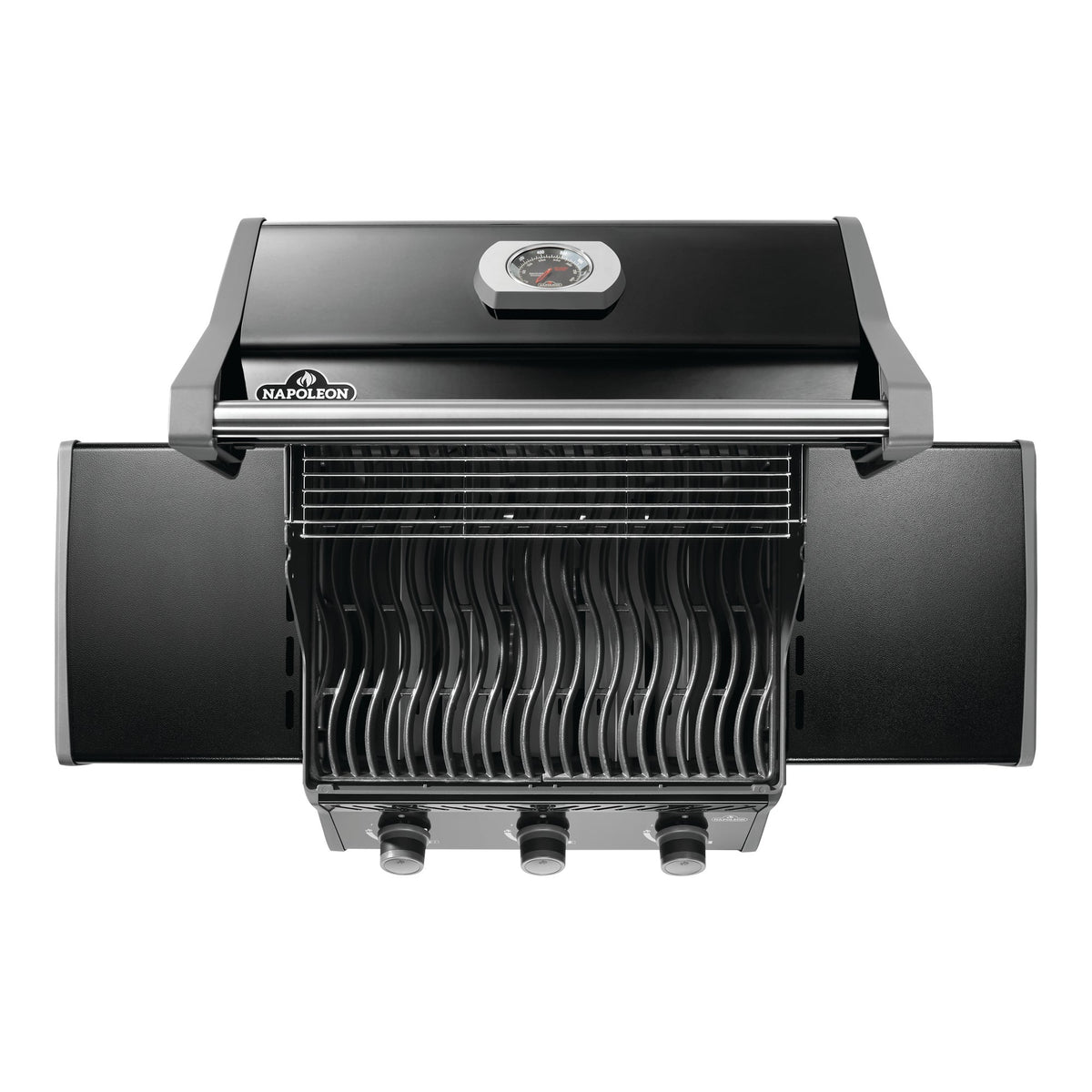 Napoleon Rogue R425 Gas BBQ from above with the lid open, showing the cooking grids